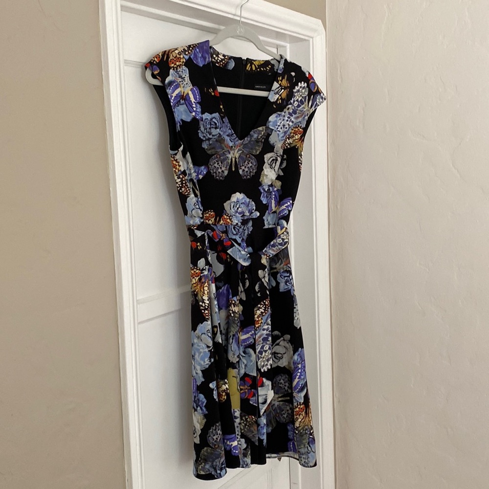 Karen millen Black multi colored with butterflies design. Below the knee dress.